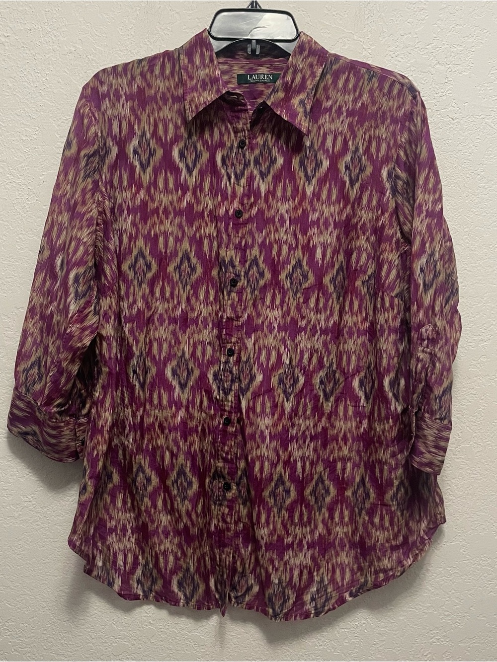 Lauren Ralph Lauren Womens Button Up Blouse Top Cotton Silk Blend Purple 1X